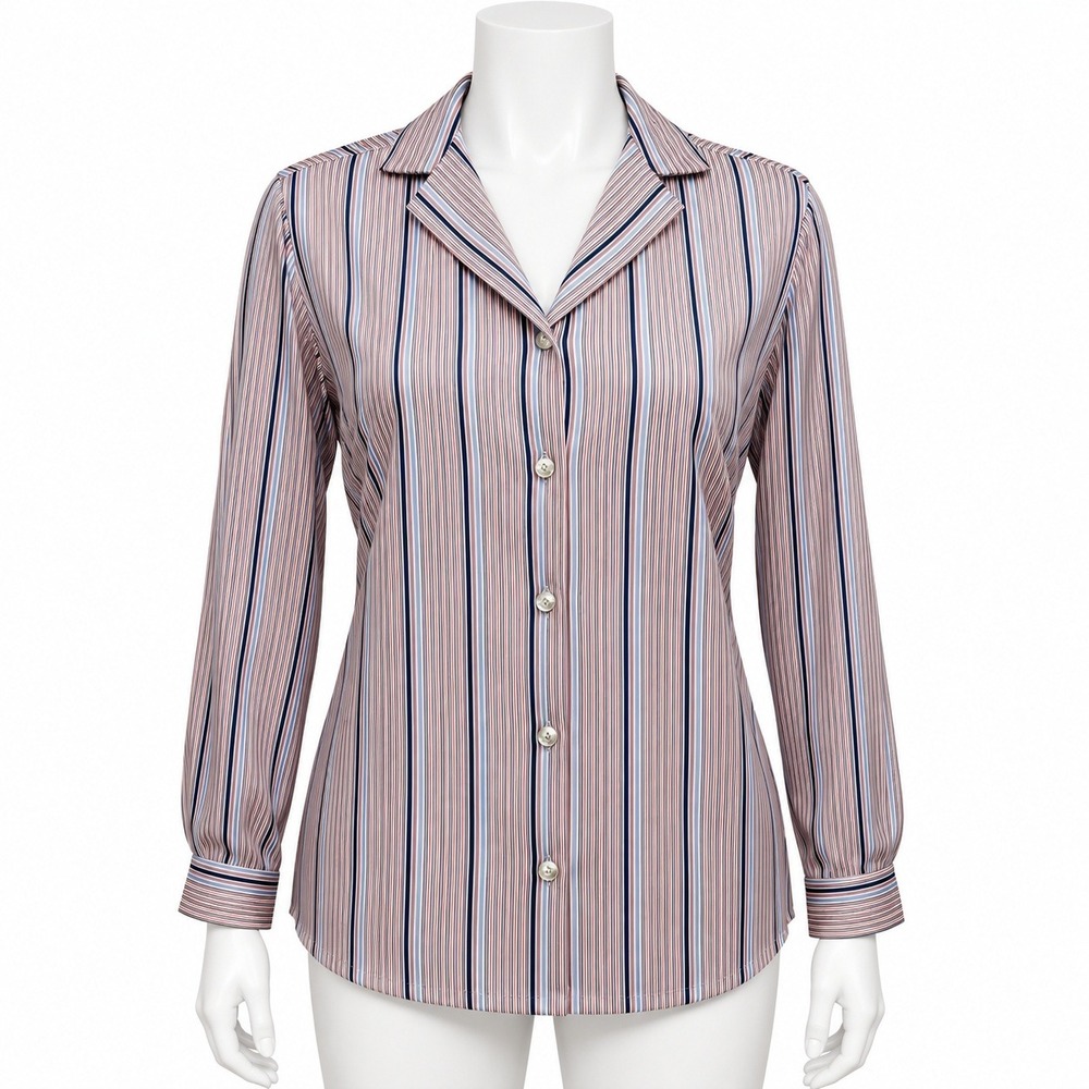 Queen Casuals Vintage Striped Button Front Blouse Red White Navy Blue M Preppy